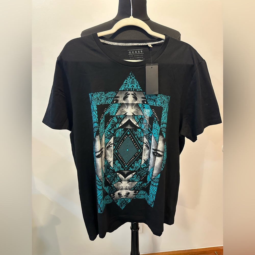 NWT GUESS Jet Black Graphic Crew-Moroccan Motif Men's T-Shirt Size XXL